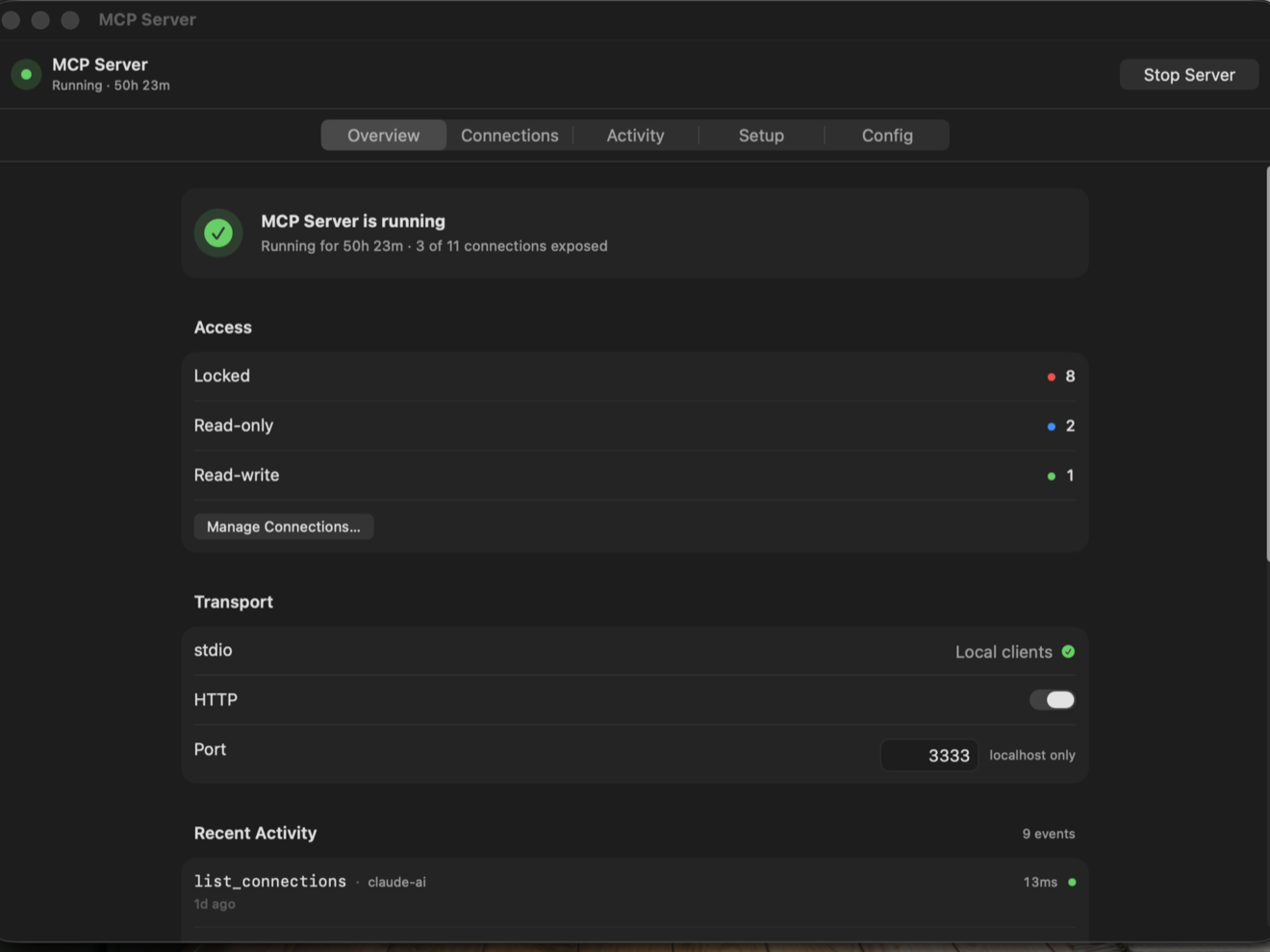 MCP Server overview with access modes and recent activity
