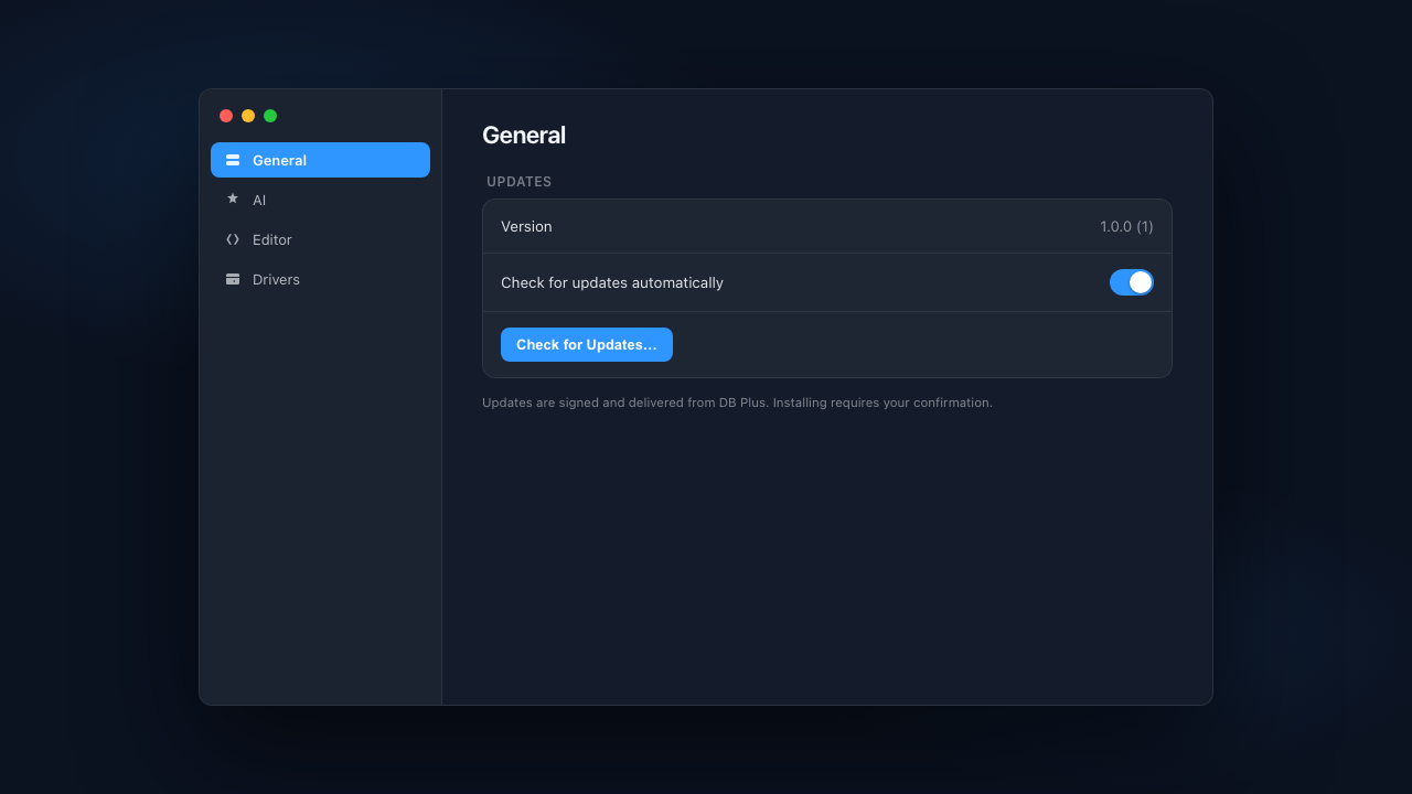 Settings → General → Updates showing the current version, automatic checks and a Check for Updates button
