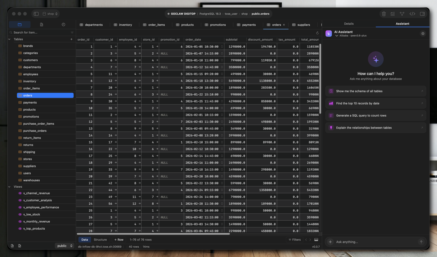 DB Plus showing a PostgreSQL table, schema browser and AI assistant
